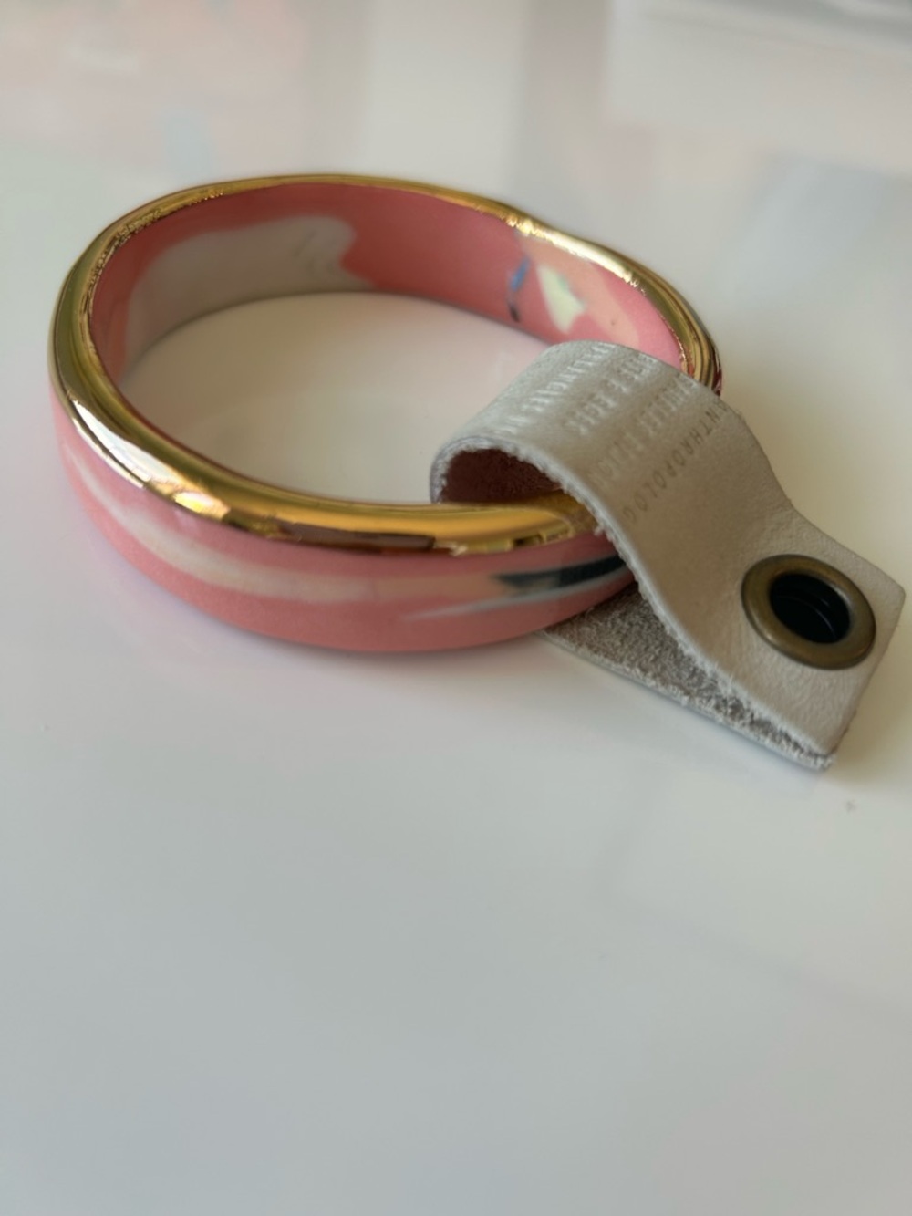 Anthropologie Pink & Gold Enamel Ceramic Bangle Bracelet Small NWT